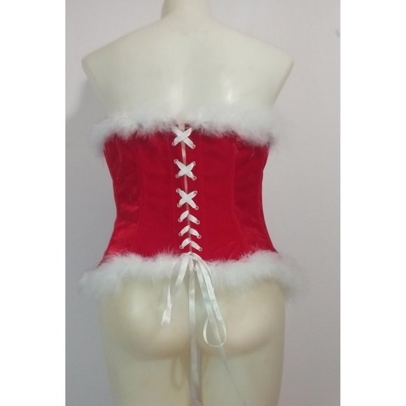 Velvet Christmas Santa Corset White Fur Bows Boned Lace Up Back w/Zip Sz XL - Picture 3 of 5
